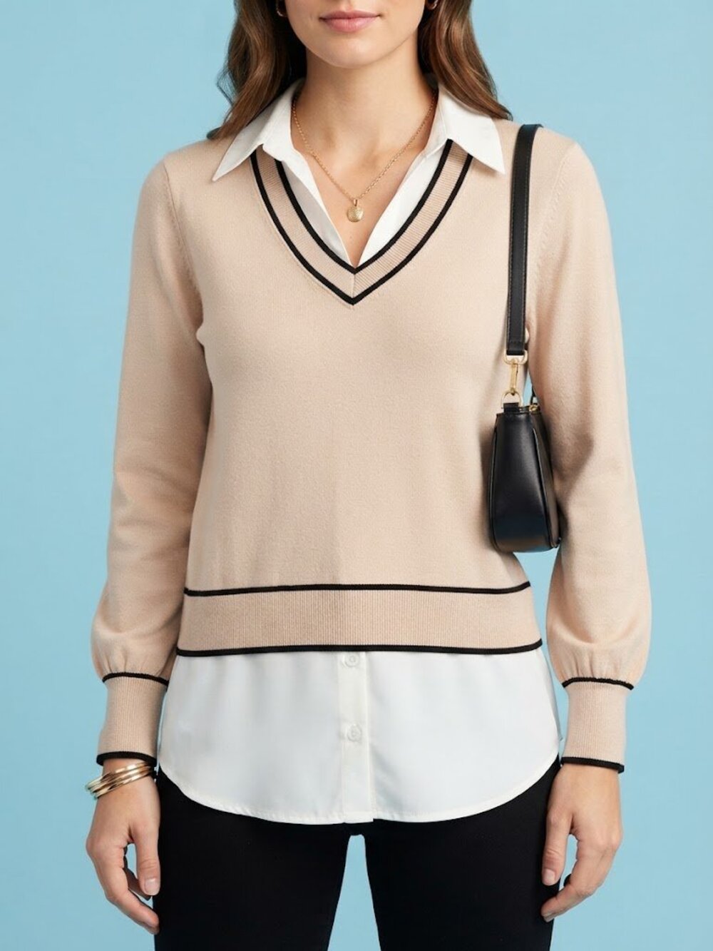 Long Sleeve Collared Twofer Sweater in Champagne Blush & Black Trim